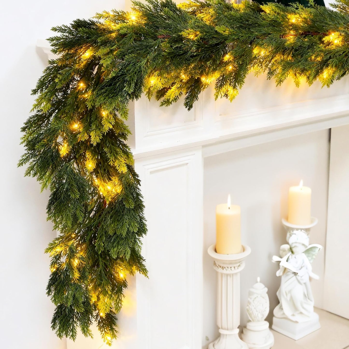 Joyhalo 6FT Christmas Garland Real Touch Cedar Garland Artificial Realistic Faux Cedar Garland with Lights for Mantle, Fireplace, Stairs Railing,Table Decor and Indoor Christmas Decorations