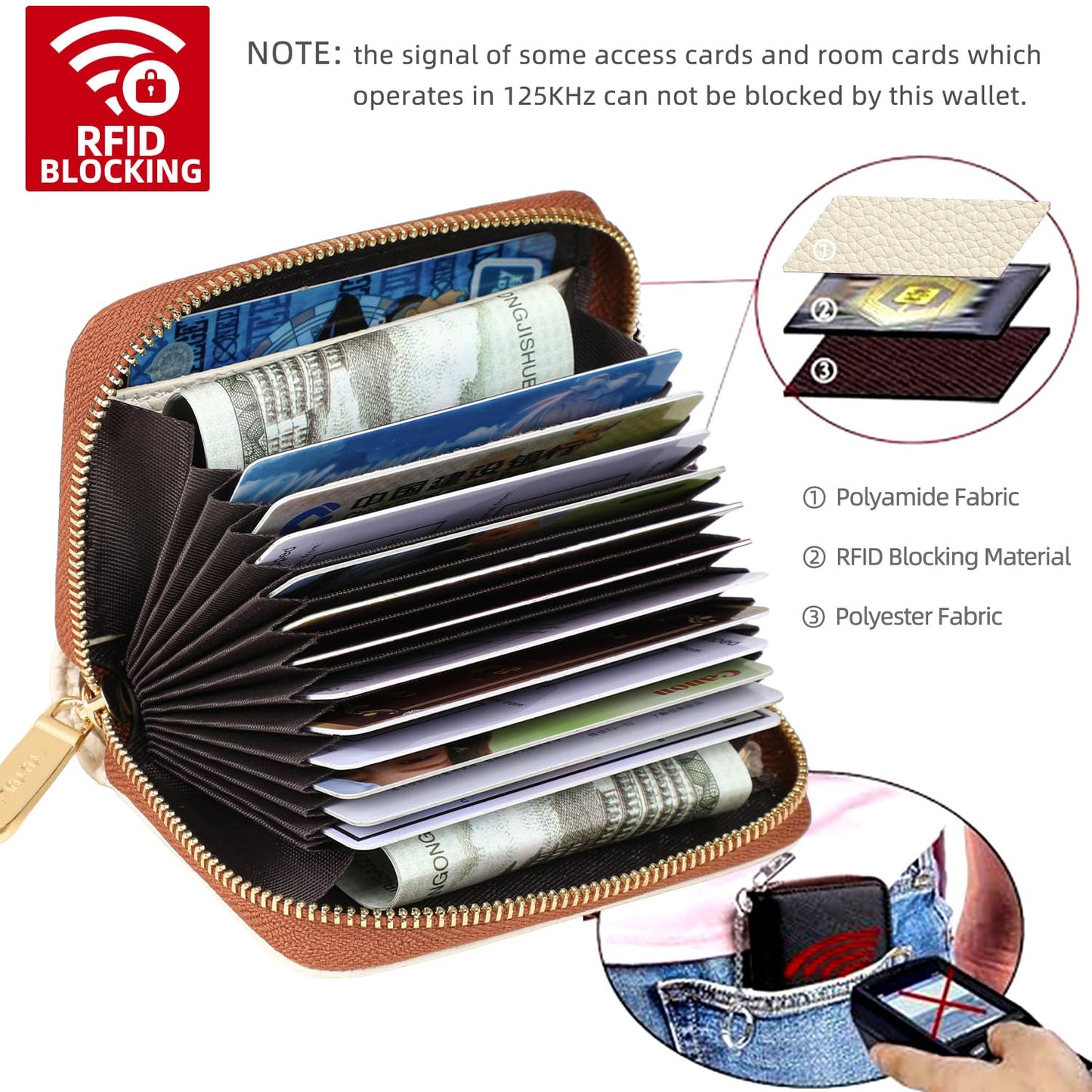 YUYULA Lether Women Credit Card Wallet, Zipper Business Card Holder for Women, RFID Blocking, KeyChain Wallet (Beige With Brown)
