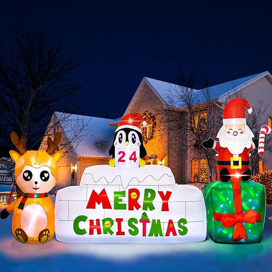 10 Ft Christmas Inflatables Outdoor Decorations Countdown Xmas Blow Up Yard Decorations, Reindeer Santa Inflatables Built-in Rotating Colorful LED Lights Xmas Holiday Party Lawn Decor