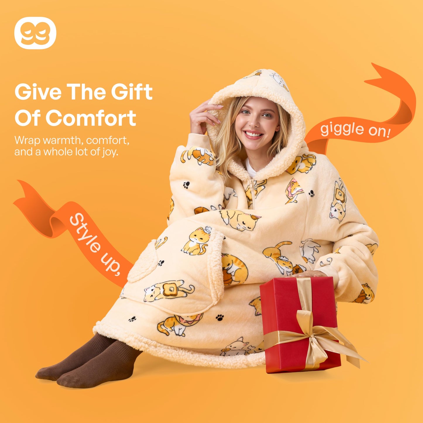 Giggling Getup Wearable Blanket Hoodie for Adults Gifts for Teen Girls Sister Women Sherpa Fleece Printed Hooded Blanket Sweatshirt Warm Cozy with Pocket & Sleeves Beige Cat