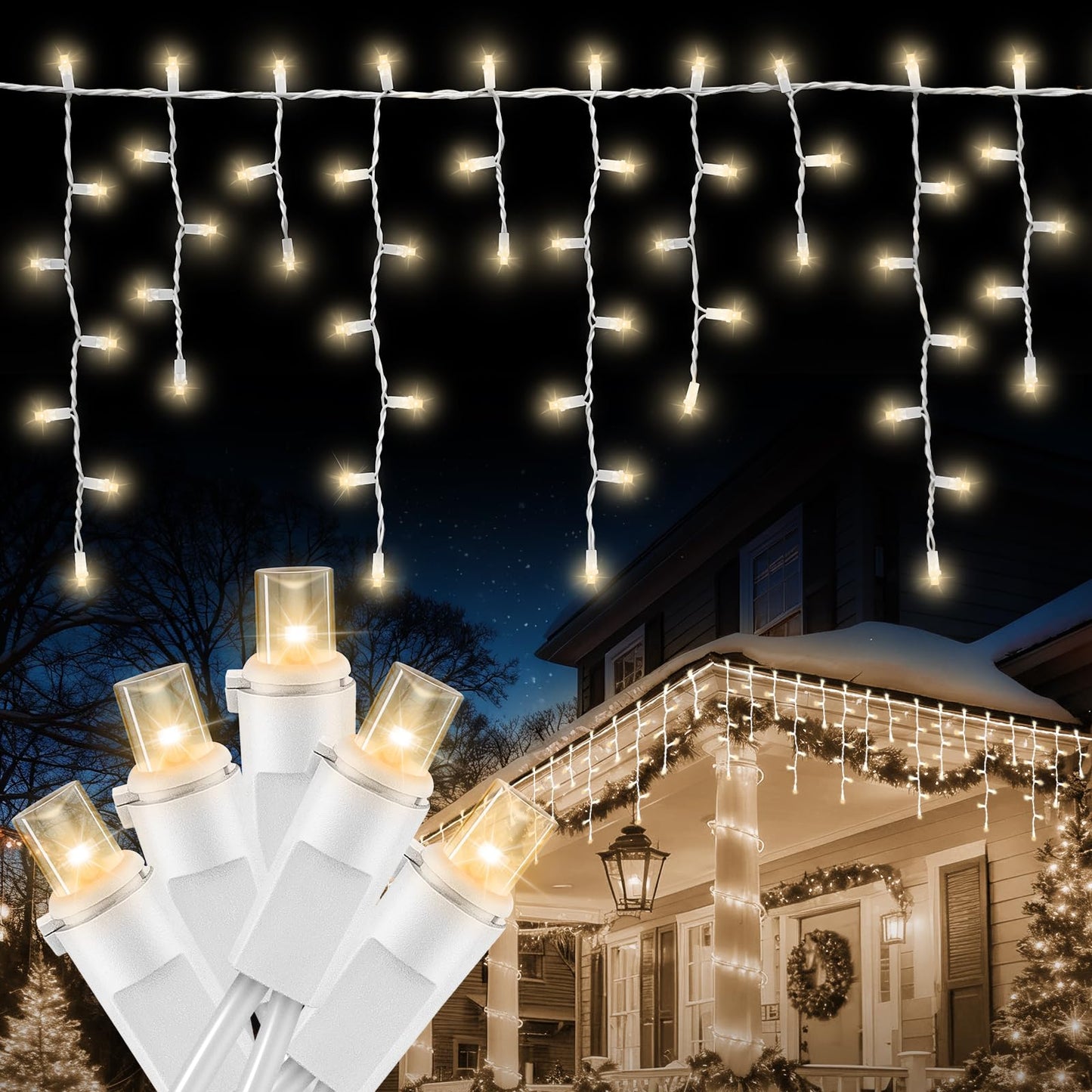 LAMPHOME Warm White Christmas Icicle Lights, 6.2Ft 20 Drops 100LED Connectable Waterproof Lights for Xmas, Thanksgiving Day, Party, Patio, Courtyard, Window, Fence Decor