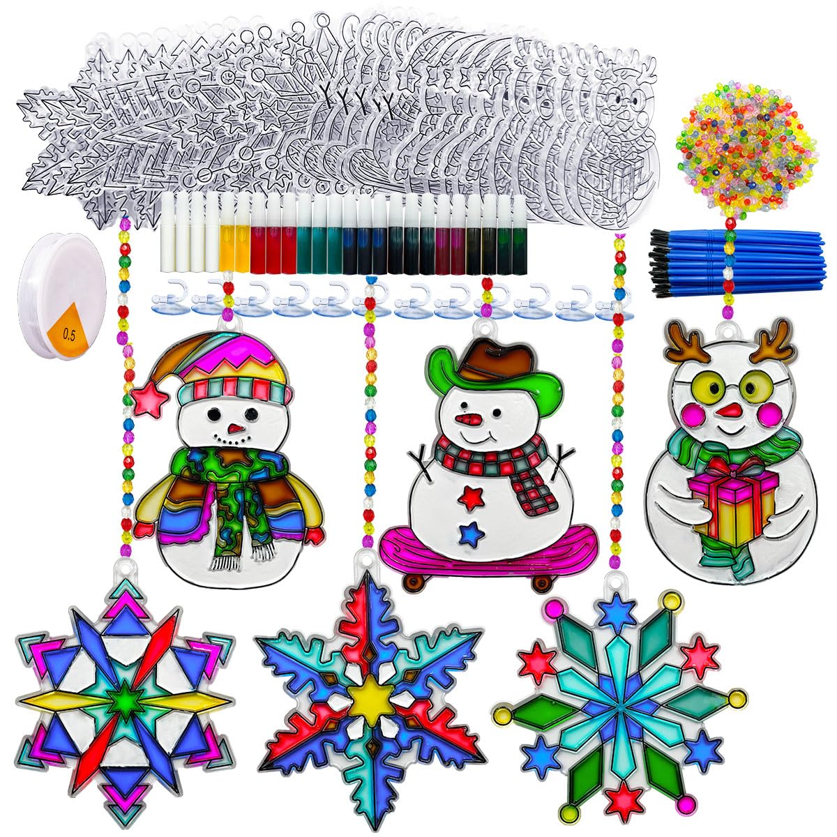 AUEKIV Suncatchers Kit 30sets Snowflake Sun Catcher DIY Window Paint Art Craft Kits Christmas Snowman Snowflake Suncatchers Ornaments for Xmas Decoration Winter Home Outdoor Party Activity