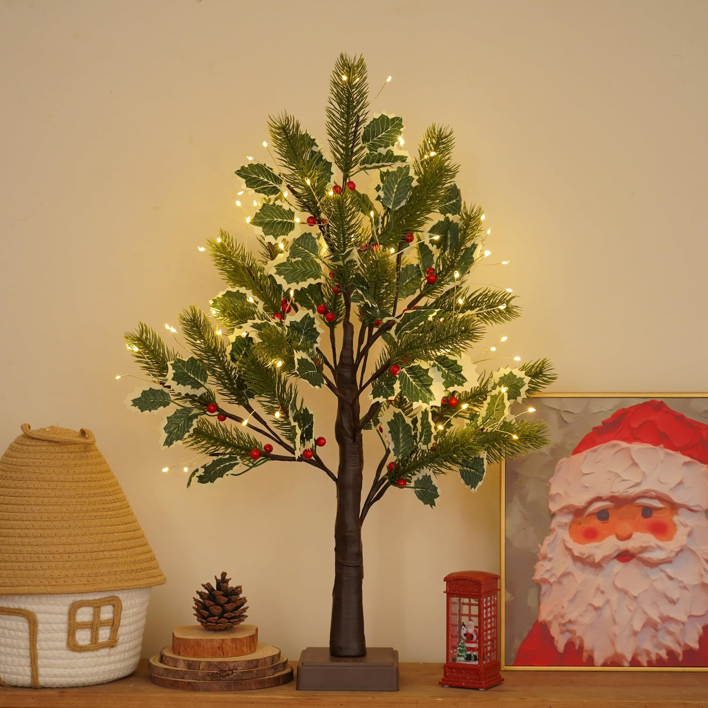 PXBNIUYA 2 FT Christmas Tree with 72 LED Lights, Christmas Decorations Indoor, Fairy Light Spirit Tree for Home Decor, Lighted Birch Trees with Pine Needles, USB and 3AA Battery and Timer（Warm White）
