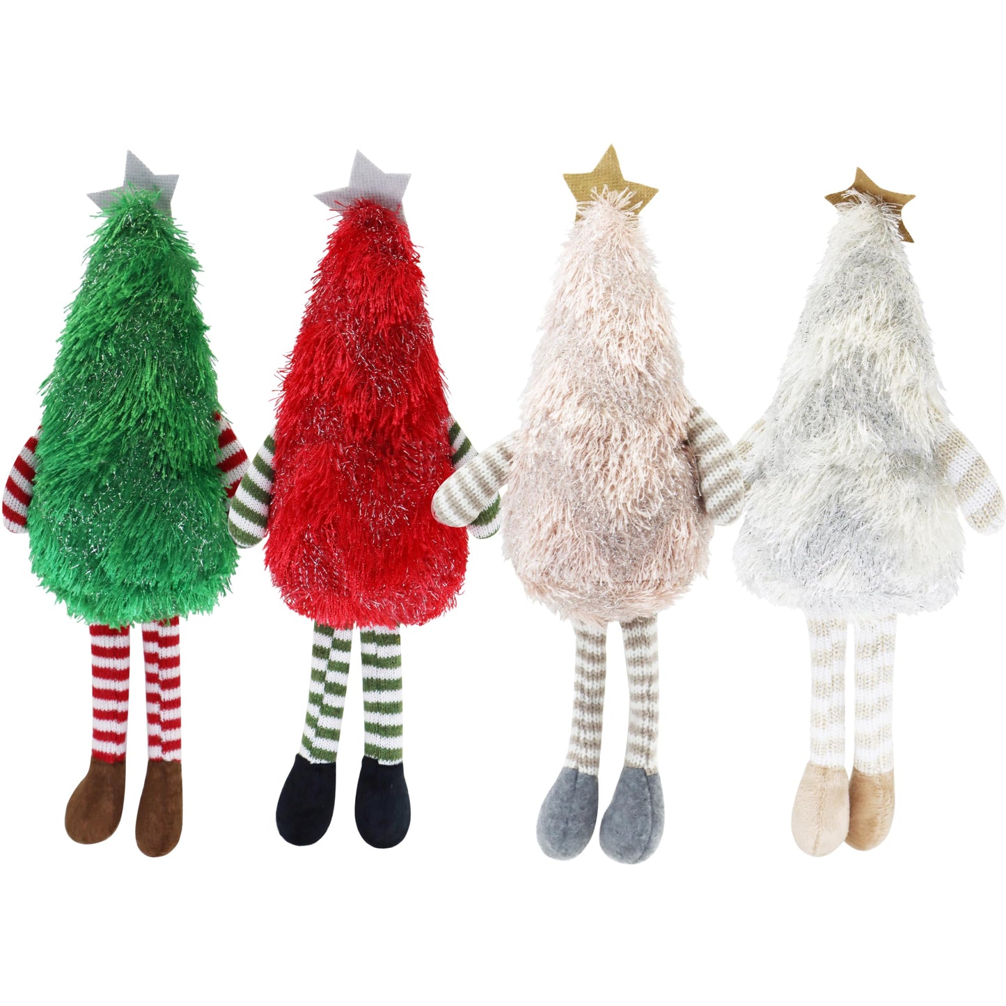 Beaver Rain Cat 4-Pack Christmas Tree Plush Dolls, Festive Stuffed Figurines with Striped Legs & Star Toppers for Holiday Decor