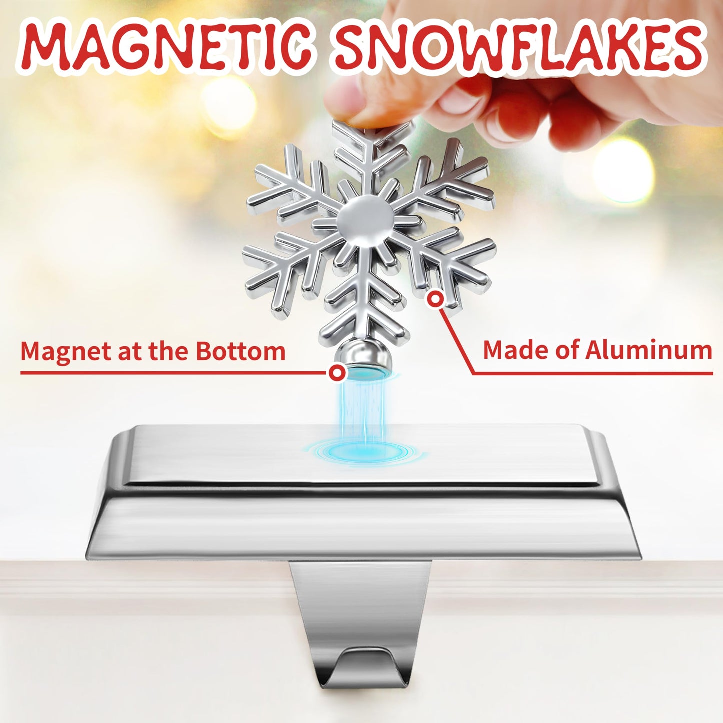 SYITCUN Stocking Holders for Mantle, 4 Pcs Weighted Christmas Stocking Holder, Magnetic Silver Snowflakes Stocking Hooks for Fireplace