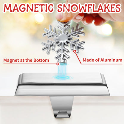 SYITCUN Stocking Holders for Mantle, 4 Pcs Weighted Christmas Stocking Holder, Magnetic Silver Snowflakes Stocking Hooks for Fireplace