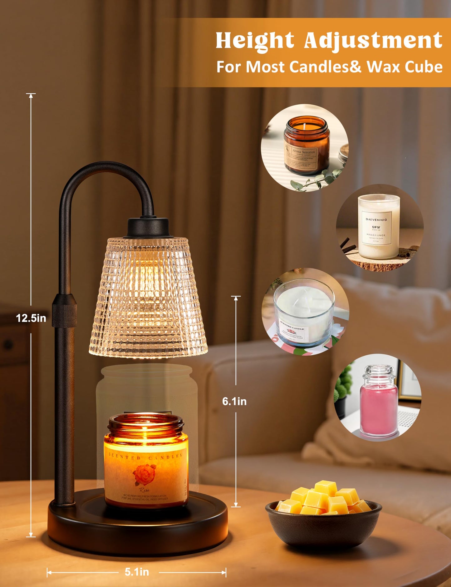 Candle Warmer Lamp with Timer, Dimmable Candle Warmer for Jar Candles, Height Adjustable Wax Melts Warmer, Birthday Gifts for Women Mom, House Warming Gifts New Home Decor