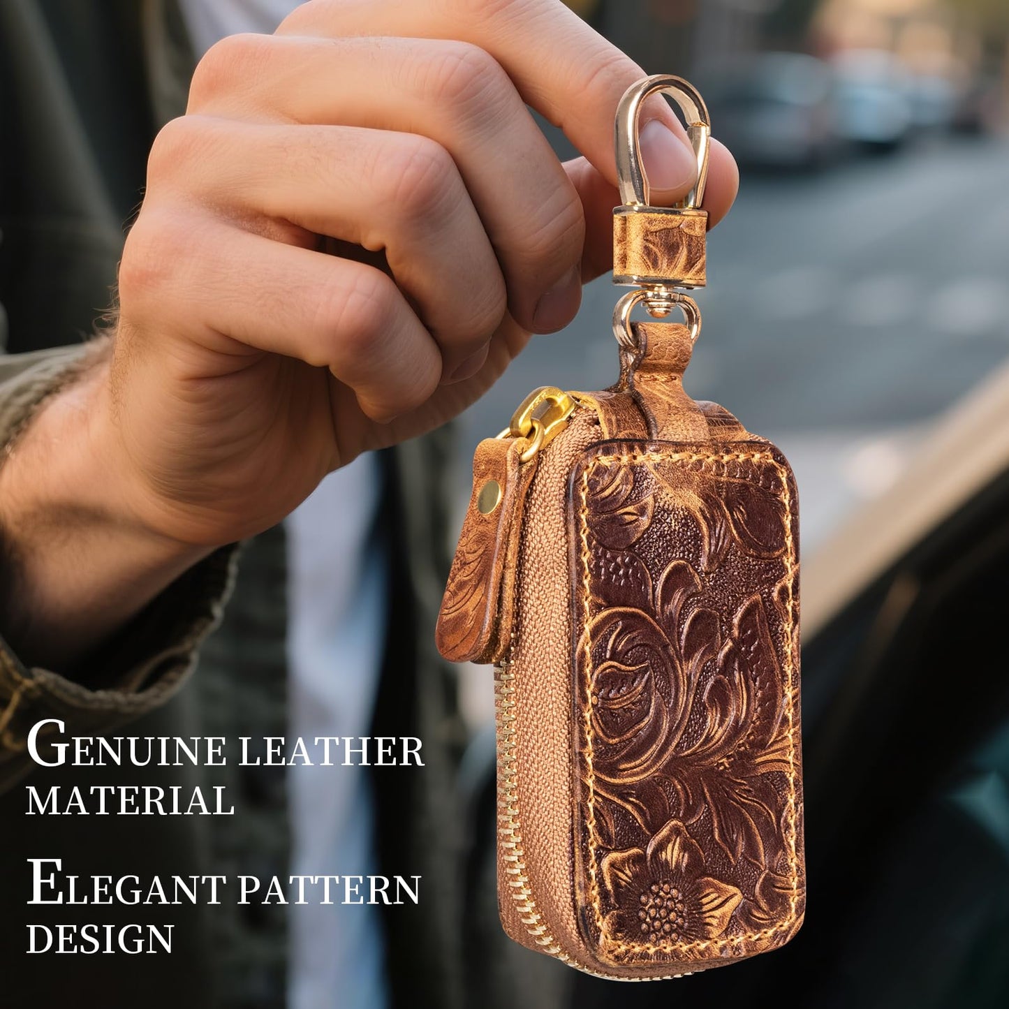 Gexmil Genuine Leather Zipper Car Key Case, Full Grain Leather, Pure Brass Hardware, Hand-Made Universal Car Key Holder, Mini Coin Bag for Women Men,Floral Brown