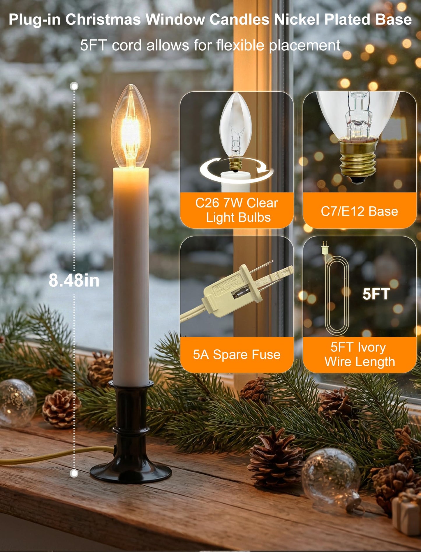 Romasaty Electric Window Candle Lamp, Christmas Window Candles Lights with Nickel Plated Base and C26 Light Bulb, Plug in Candles Lamps for Christmas Home Table Decor- 4 Pack