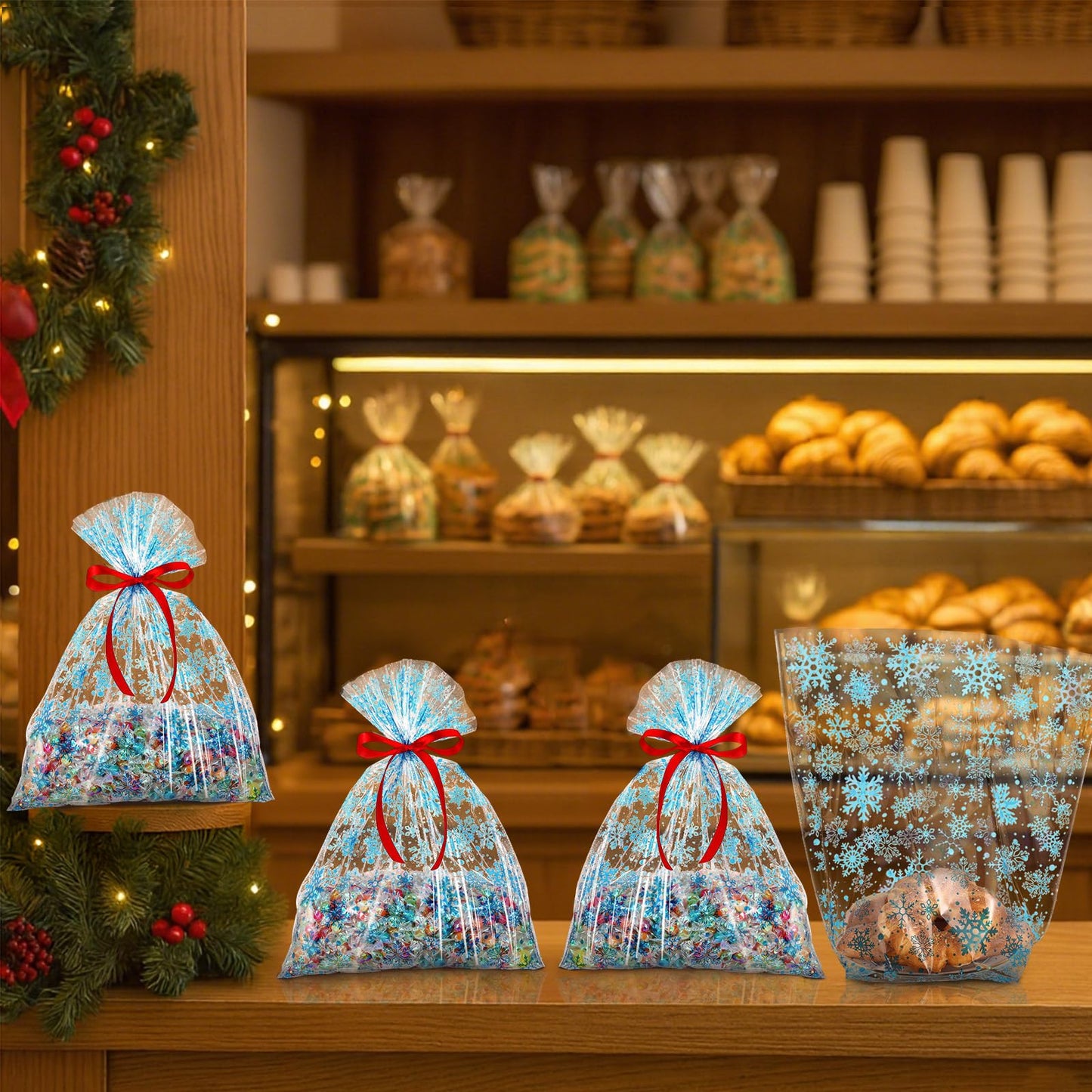 Meanplan 50 Pcs Winter Snowflakes Cellophane Cookie Tray Bags 15" x 17" Snowflake Cookie Tray Bags with Twist Ties and Red Ribbon Treats Gift Wrap for Winter Holiday Party Favors Supplies