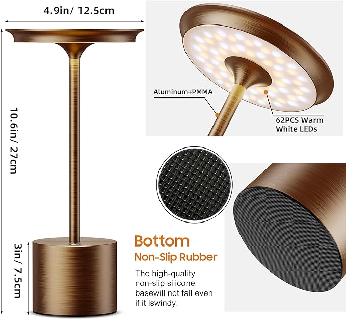 Cordless Table Lamp, Portable Rechargeable 6000mAh Outdoor Table Lamp, 3 Color Stepless Dimming Battery Powered Lamp, LED Table Light for Dinner/Restaurant/Outdoor (Brown)