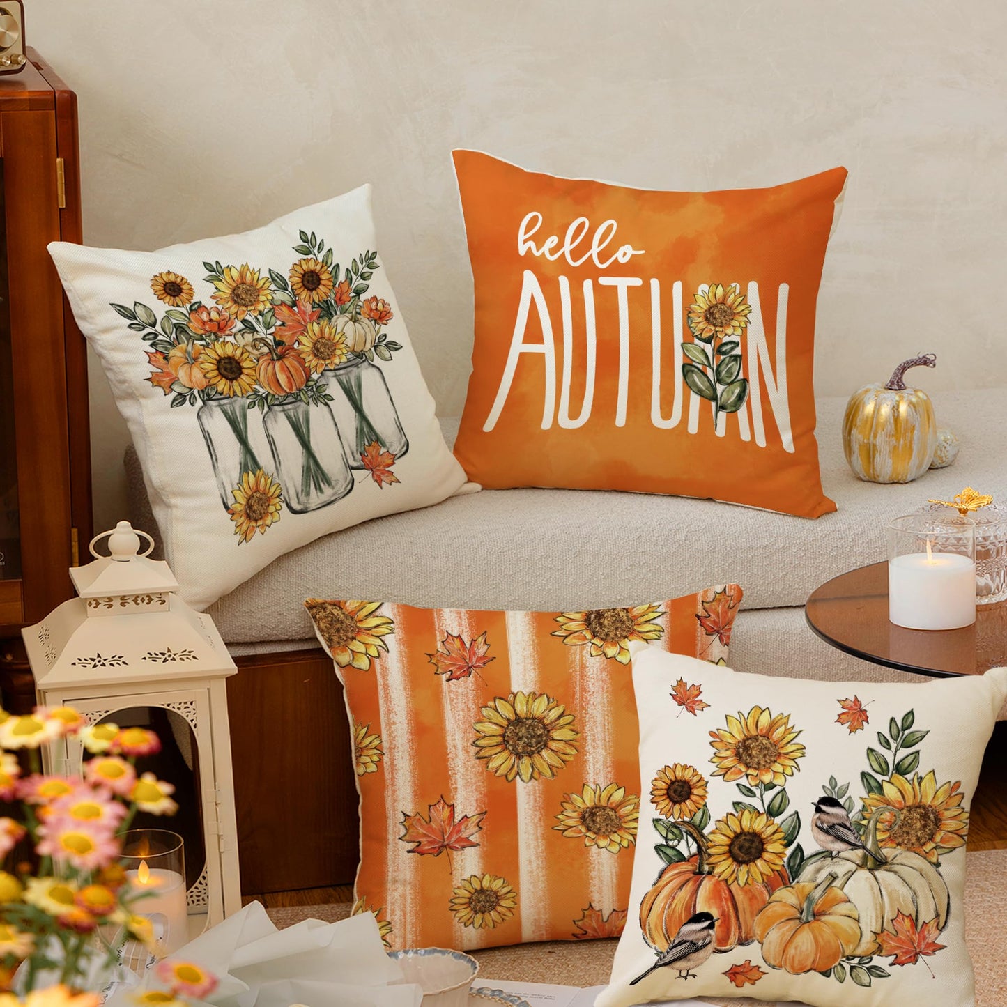 Tikeciti Fall Sunflower Pillow Covers Orange Pumpkin 18 x 18 Inch Throw Pillows, Thanksgiving Hello Autumn Floral Seasonal Decorative Farmhouse Cushion Case for Sofa Couch Set of 4