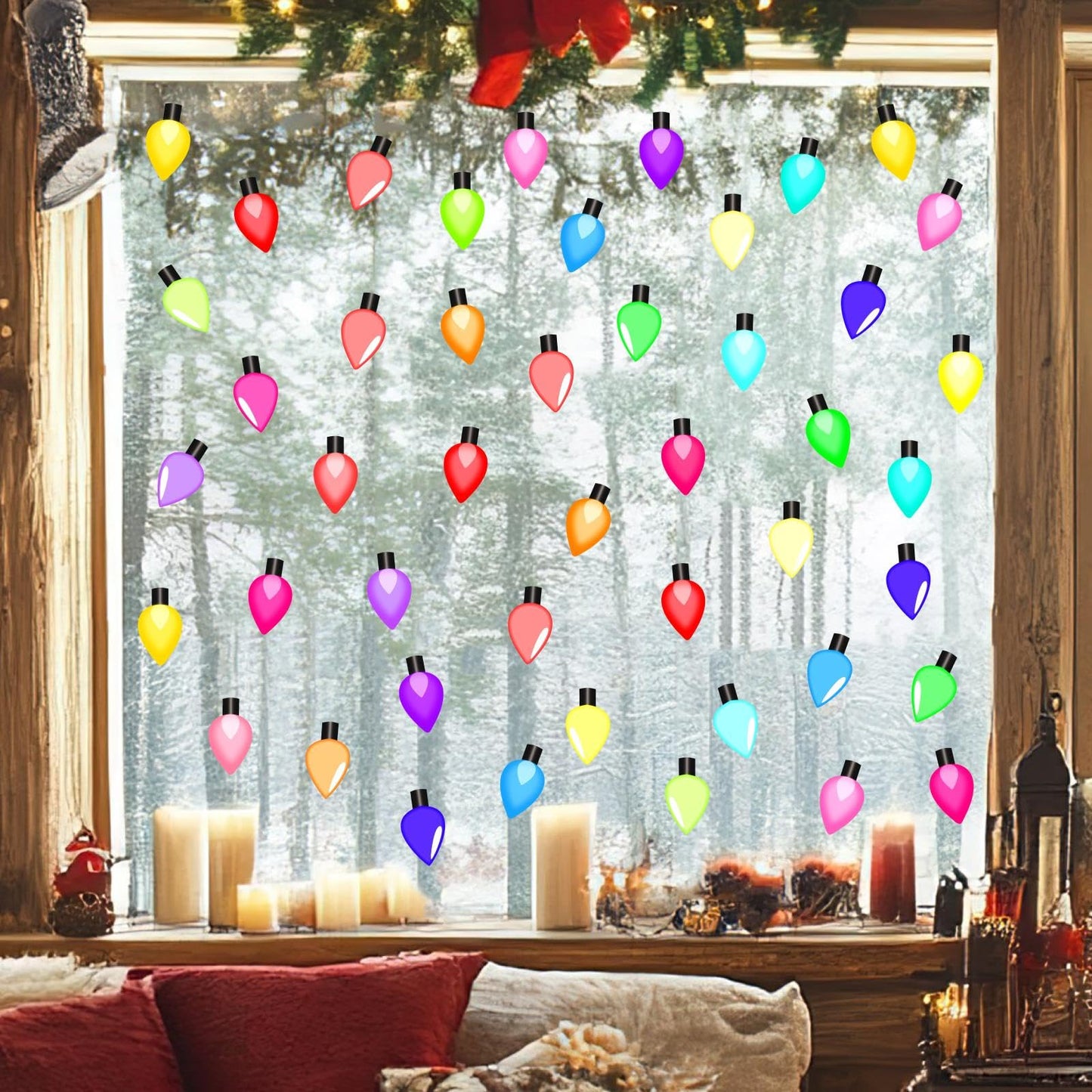 Christmas Light Window Decals Clings Double Sided Colorful Lights Wall Stickers Merry Christmas Window Wall Stickers Holiday Xmas Bright Windows Decals Holiday Light Bulb Windows Decorations