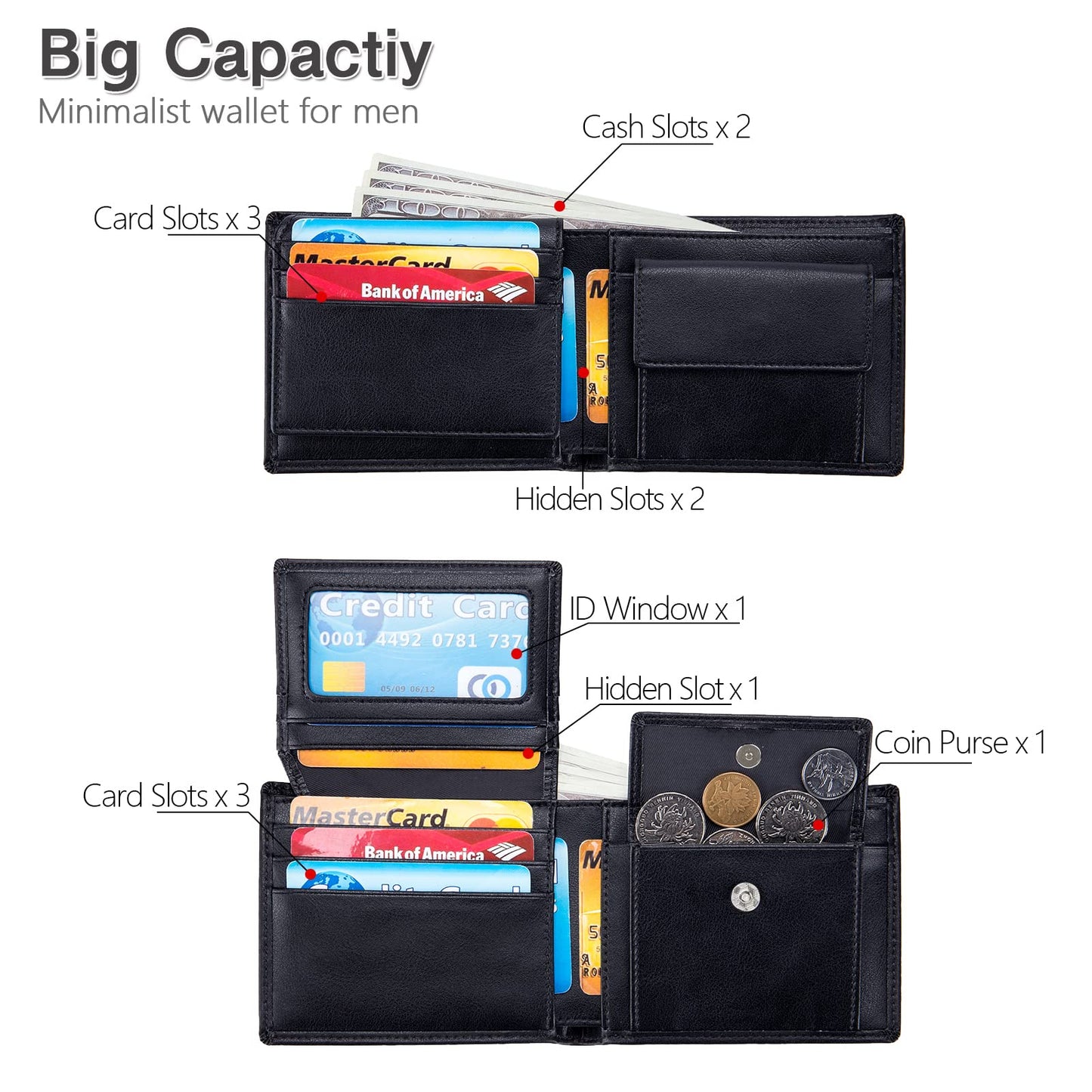 OFAMOUS Men's Leather Wallet with Coin Pocket Flip Up ID Window RFID Blocking Slim Bifold Credit Card Front Pocket Wallet (Black)