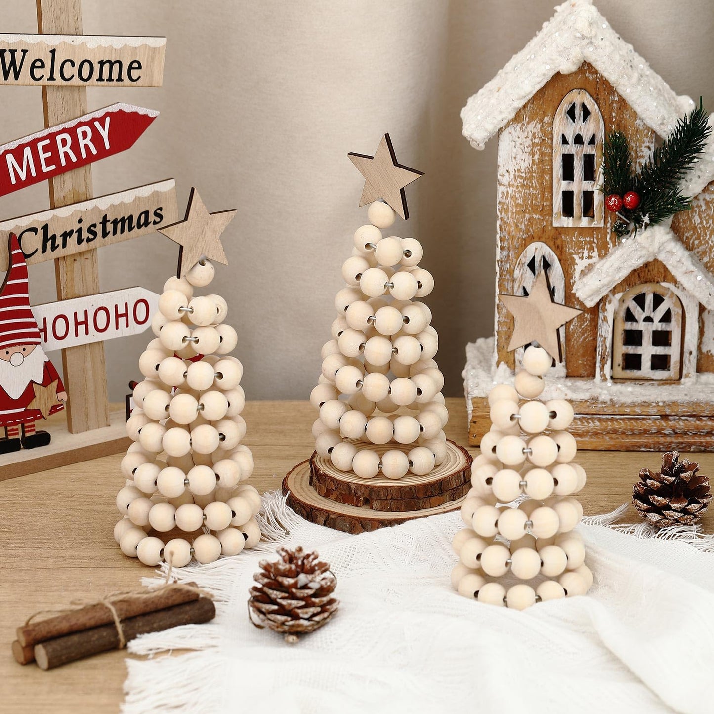 Thyle 3 Pcs Christmas Tree Decor 3 Sizes 6/8/10 Inch Small Boho Artificial Christmas Tree Tabletop Decor for Home Shelf Mantel Fireplace Table Party Supplies(Bead Style,Wood)
