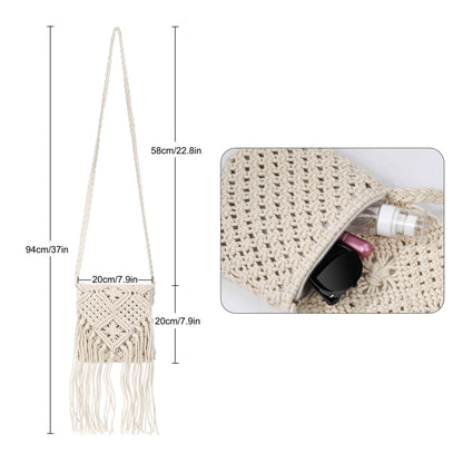 Women Tassel Shoulder Bag, Girls Fringed Crochet Purse Boho Crossbody Bags, Vintage Hand Woven Cotton Rope Hippie Style for Beach Vacation, Travel, Daily Use, Beige, Beige, S
