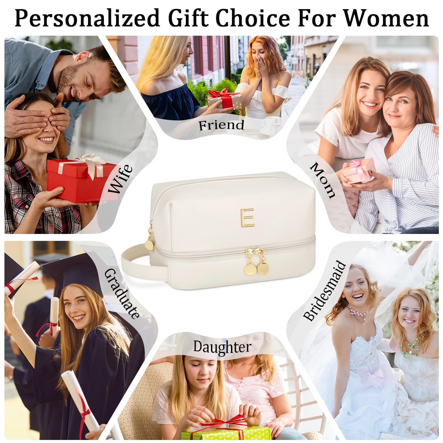 CLOUDWINGS Initial Makeup Bag for Women - Personalized Double Layer Cosmetic Bags with Makeup Brush Organizer, Hanging Travel Toiletry Bag with Large Capacity, Gifts for Mom Girlfriend Wife（Beige E）
