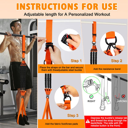 Pull Up Assistance Bands Set,3 Heavy Duty Pull-Up Bar Resistance Bands,Adjustable Weight/Height,Training Equipment with Handle and Foot Rest Unisex for Home & Gym/Muscle/Strength Training（Orange）