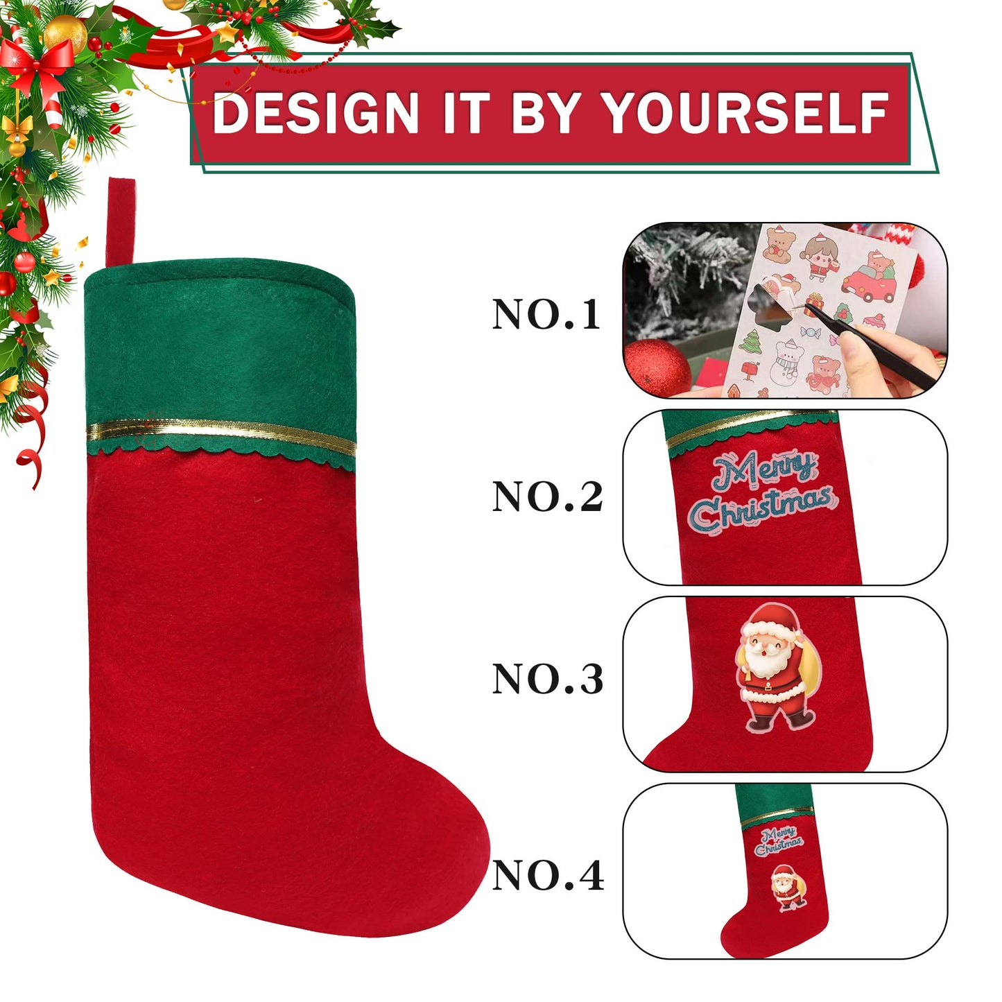Tokforty 12 Pack Felt Christmas Stockings, 19 Inches Red and White Christmas Stockings Hanging Ornaments, White Cuff with Gold Trim Christmas Stockings for Family Christmas Holiday Decorations