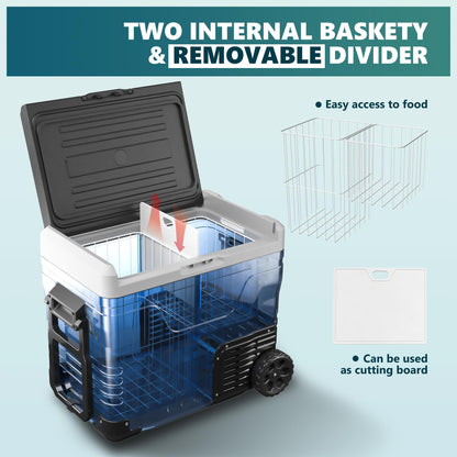 EUHOMY 12 Volt Refrigerator, 53QT(50L) Electric Cooler, Portable Freezer 12V/24V DC 110-240V AC, 12V Fridge -4℉~68℉, 12V Cooler with Wheels & 2 Baskets for Travel, Truck, Boat, Camping