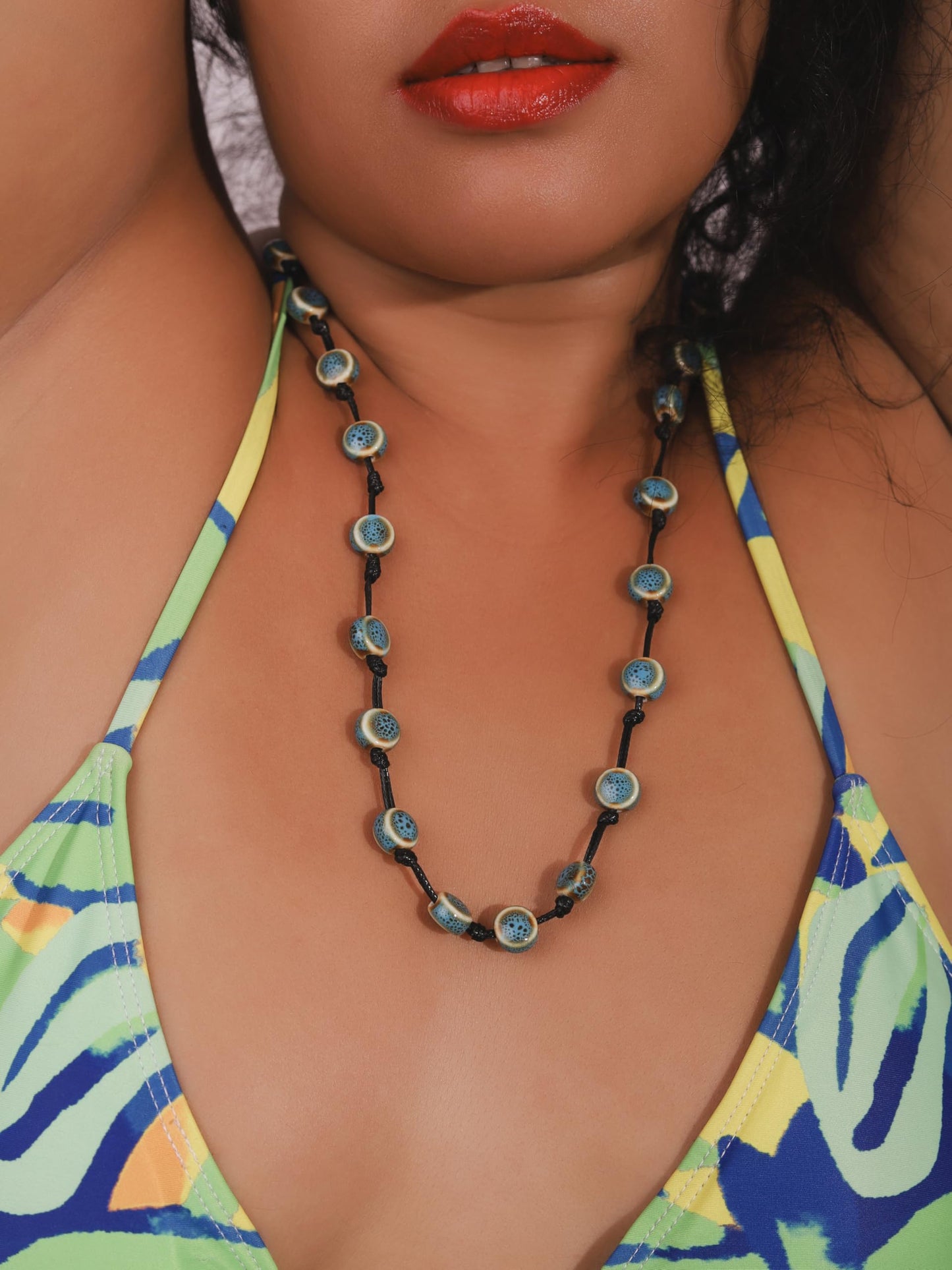 MINACHI Hippie Boho Blue Ceramic Bead Long Strand Necklace, Black Waxed Cord, Bohemian Beach Summer Jewelry Gift for Women