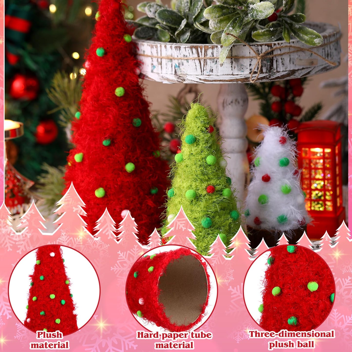 Fullhawl 3 Pcs Christmas Table Decorations Lime Green Furry Christmas Tree Yarn Centerpiece Artificial Plush Fur Fluffy Spot Surface Cone Table Signs Farmhouse Xmas Party Tabletop Decor for Holiday