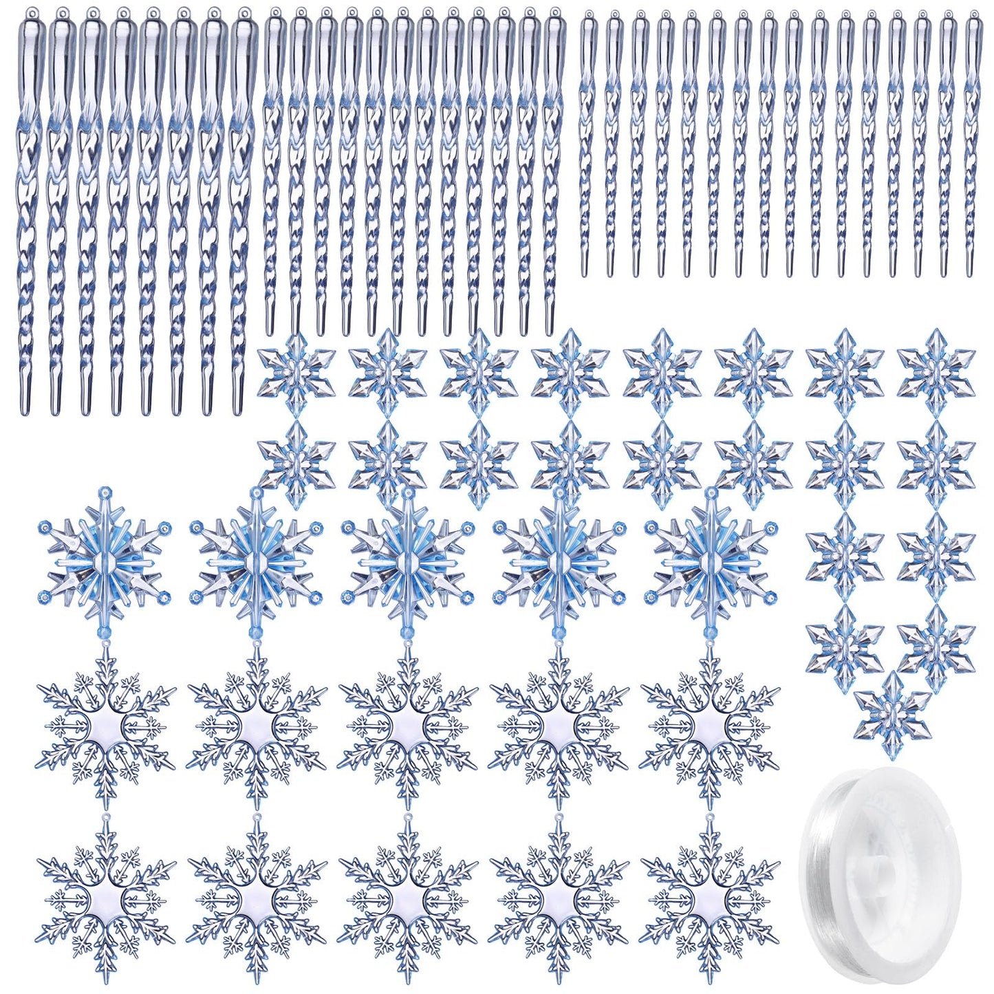 Chuangdi 72 Pcs Snowflake Icicle Ornaments for Christmas Tree Twisted Glitter Icicles Acrylic Hanging Drop Decoration for Winter Xmas Holiday Party New Year Outdoor Supplies(Clear Blue)