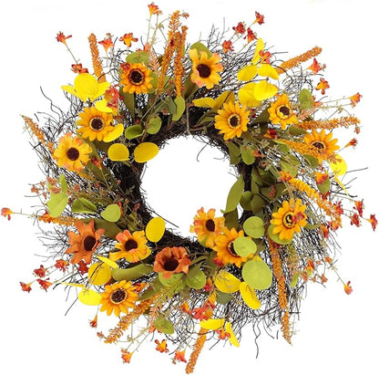 Fall Wreaths for Front Door 20 Inch Rustic Artificial Wreath Sunflower Maple Leaf Rice Ears Autumn Decoration for Halloween Thanksgiving Christmas