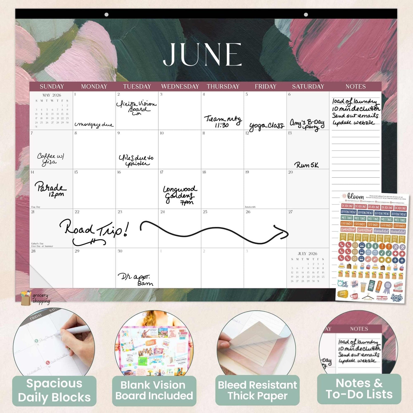 bloom daily planners 2026 Desk Calendar - January to December Large Wall Calendar - 21” x 16” Desktop & Hanging Monthly Planner with Stickers for Home or Office - Paint Strokes