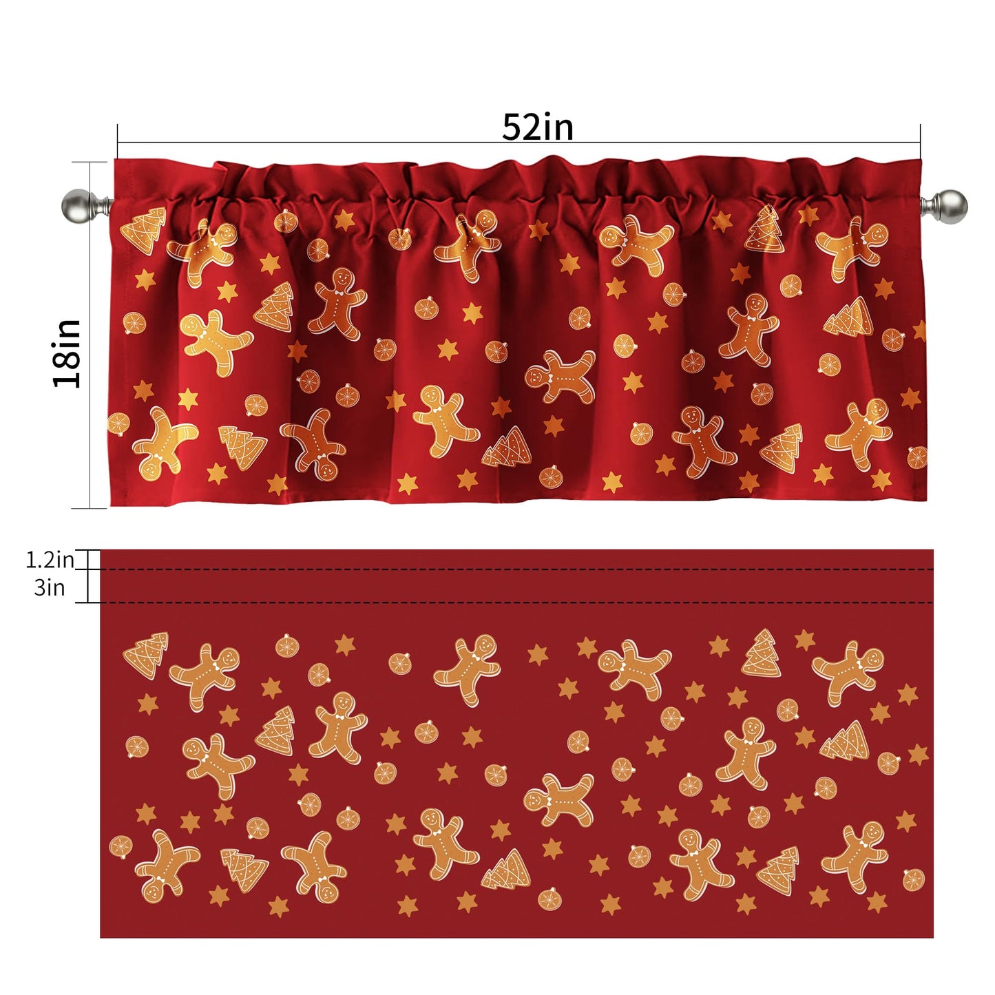 SUNWISHA Christmas Curtain Valances Set 52x18'' - Lively Gingerbread Men/Trees/Stars - Holiday Inspired Character Decor - Rod Pocket Kitchen/Bathroom/Laundry Winter Valances Red