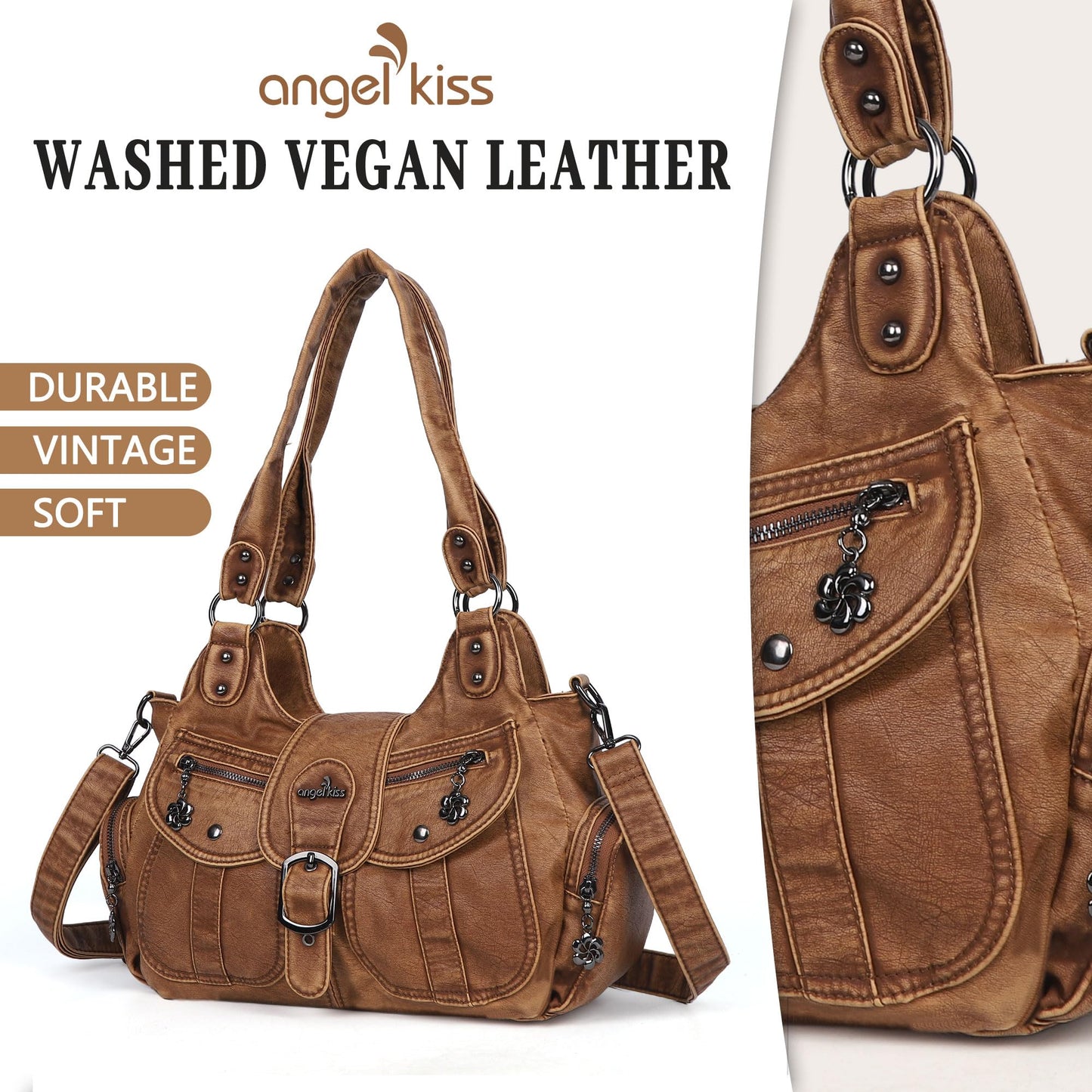 Angel Kiss Hobo Bags for Women Vegan Leather Shoulder Purses and Handbags Ladies Roomy Tote Bags Purse with Crossbody Strap,Brown