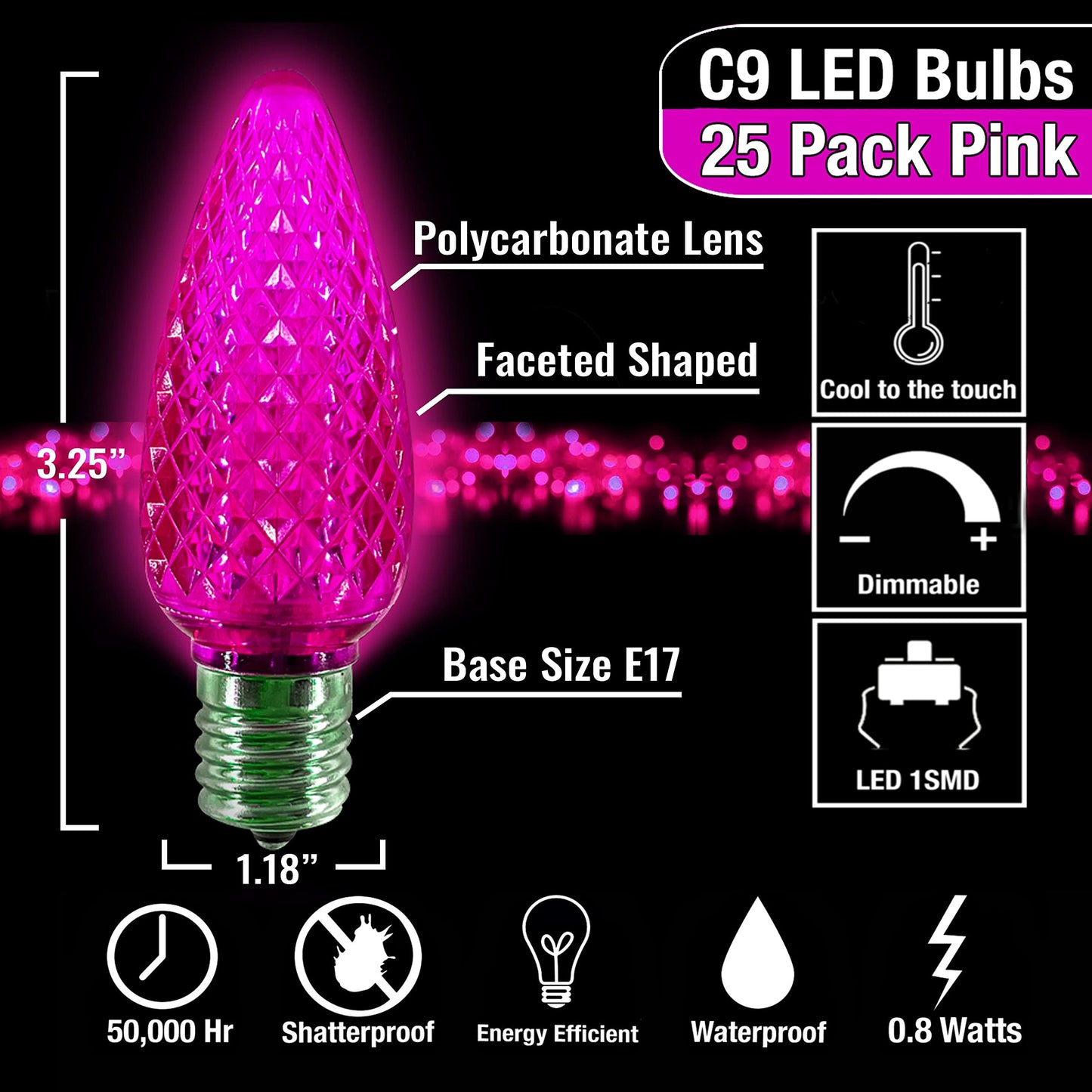 MIK Solutions C9 LED Bulb (Pack of 25) LED Pink Replacement Christmas Light Bulbs Faceted Retrofit Candle Shape Commercial Grade E17 Socket Roof Lights Bulbs