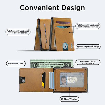Wallet for Men - Pop Up Case, Cash Slot, and Credit Card Slot - Slim Aluminum Wallet with RFID Blocking, Minimalist Leather Wallet Front Pocket with ID Window (Browns)