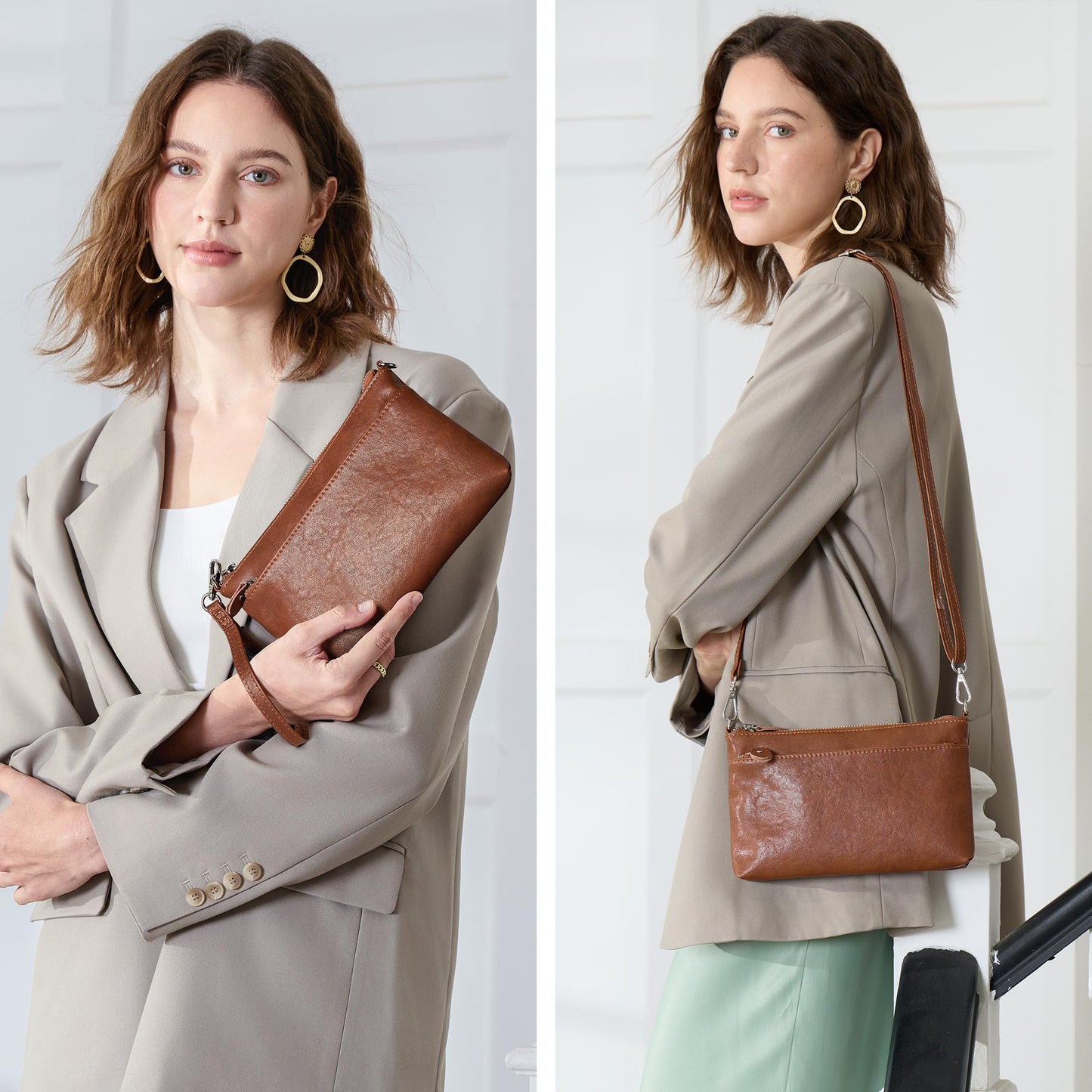 befen Leather Wristlet Wallets for Women, RFID Blocking Small Crossbody Bags, Women Leather Purses Handbags Shoulder Bag Trendy Clutch Purse with Adjustable Shoulder Strap and Wrist Strap, Brown