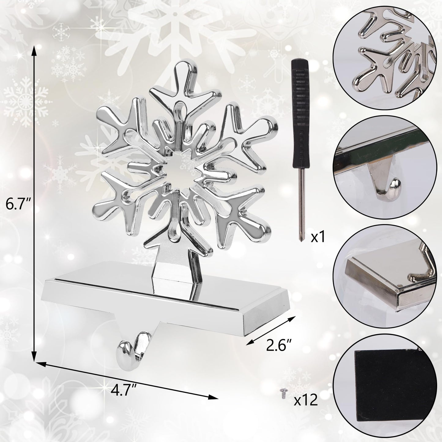 yofit 6 Pcs Christmas Snowflake Stocking Holder, Metal Christmas Stocking Hanger, 3D Sliver Stocking Hooks Non-Slip for Fireplace Mantel Window Christmas Home Xmas Party Decor