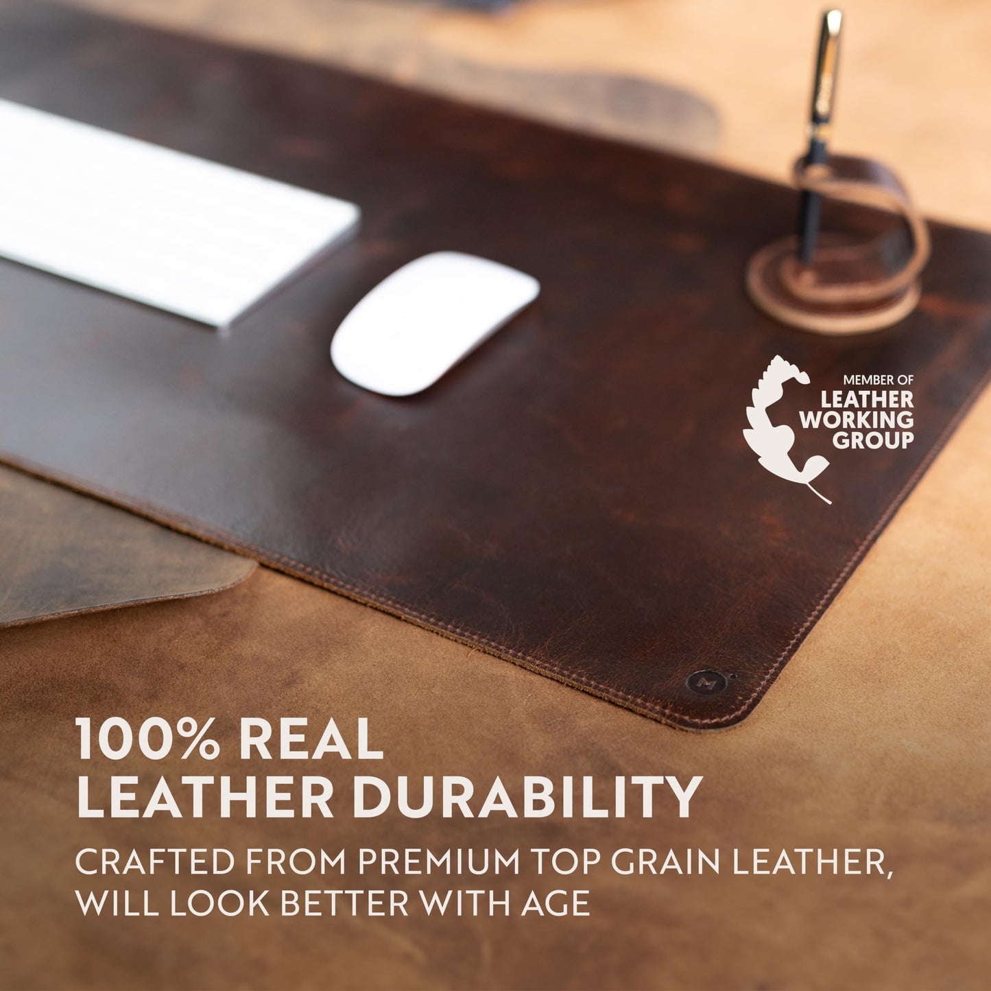 moonster 100% Genuine Leather Desk Pad with Ballpoint Pen Holder – Desk Mat Protector for Office Tables - Large Mouse Pad, Non-Slip PU Leather Desk Blotter, Laptop Desk Cover 31" x 16"
