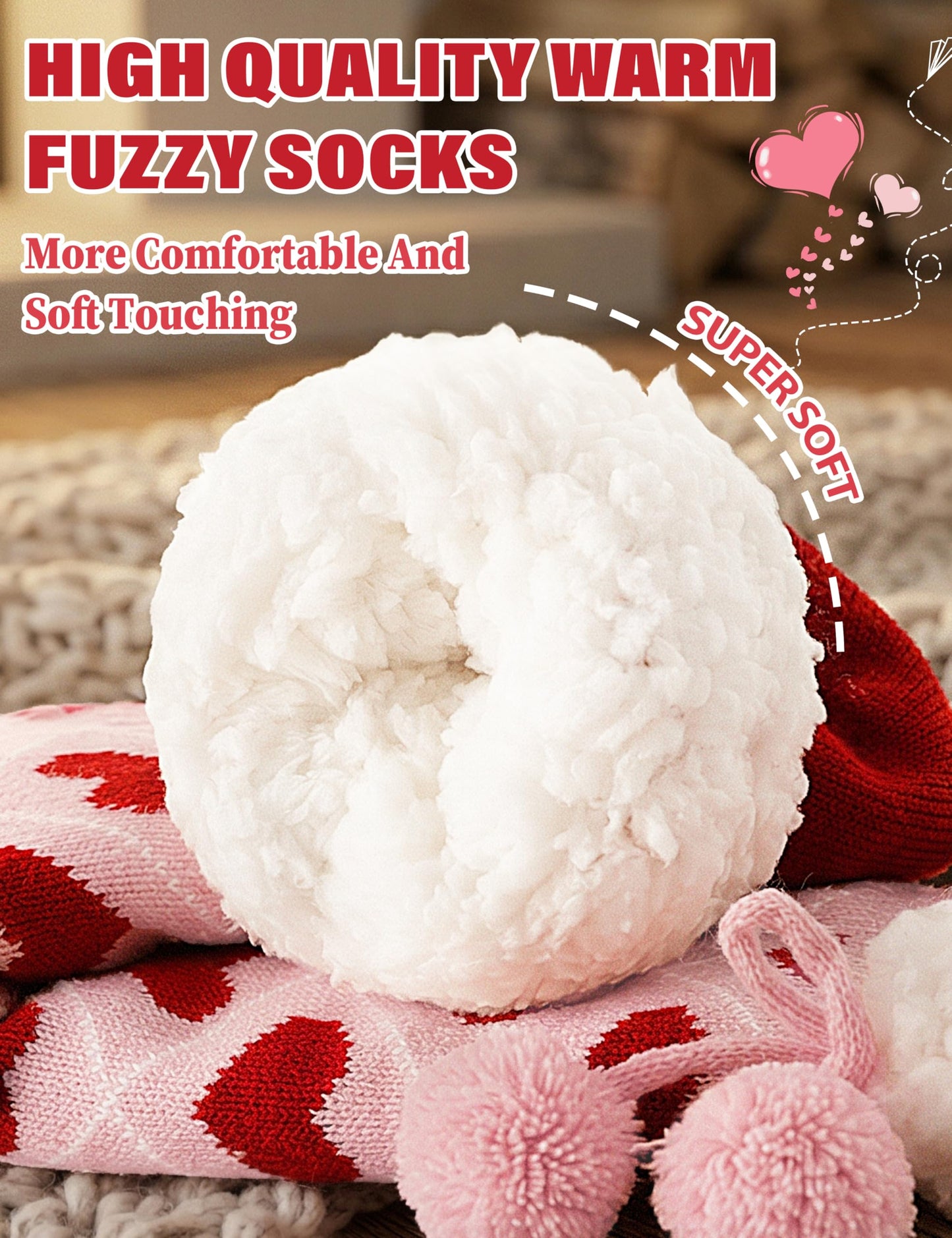 MOGGEI Fuzzy Slipper Socks for Women Galentines Day Gifts Fluffy Thermal Warm Winter Thick Cozy Non Slip Grips Plush Cabin Comfy Heart Socks Stocking Stuffers