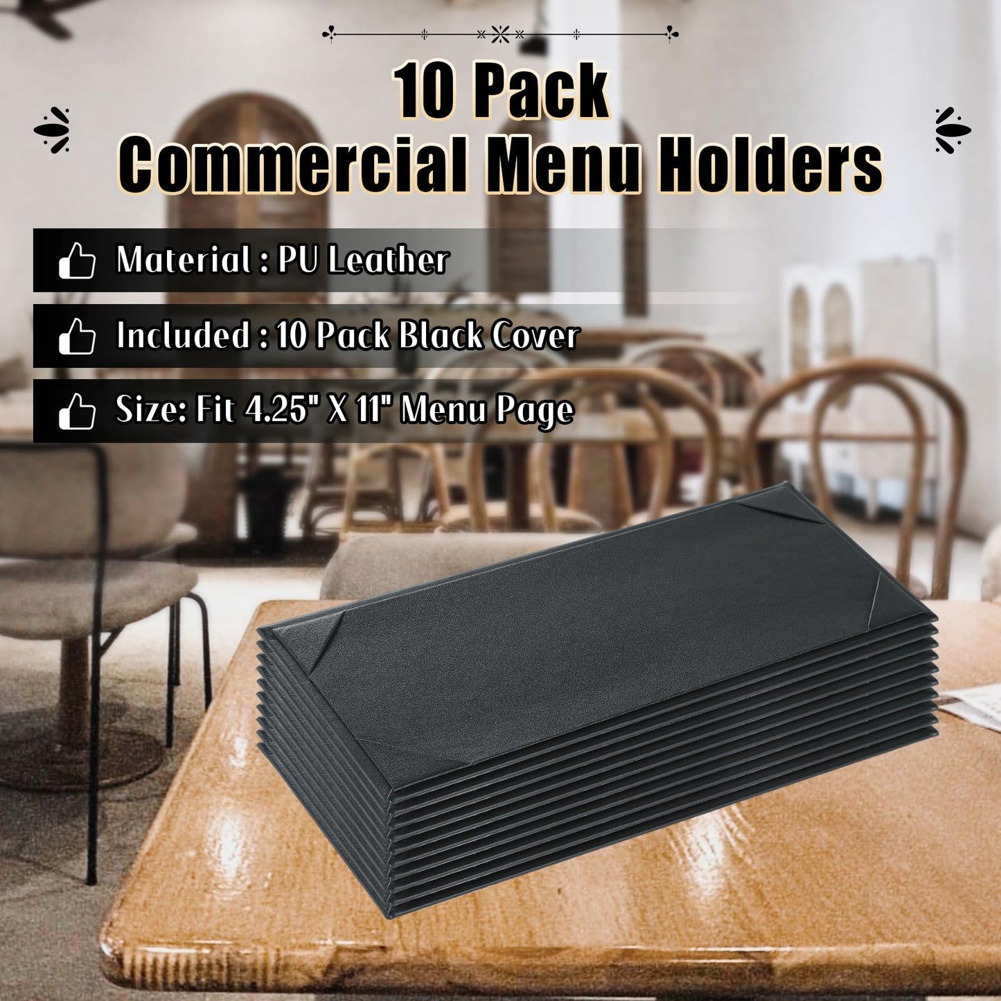 FLKQC Menu Covers 4.25" x 11" – 10 Pack 1 View Black PU Leather Restaurant Menu Holders, Single Panel with Angled Corners for Food Menus, Wine Lists & Drink Specials & Cocktail, Perfect for Parties