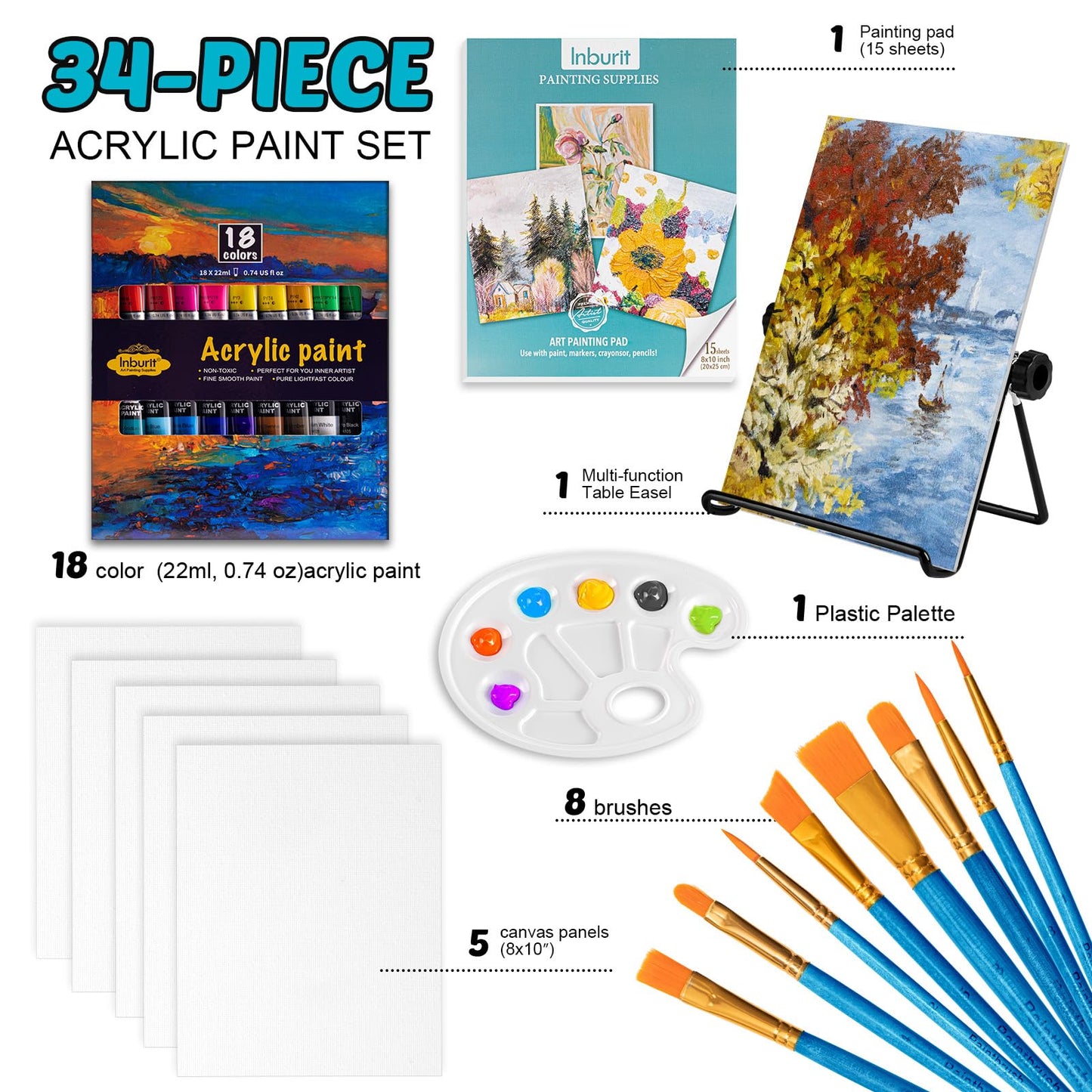Inburit Art Paint Set for Kids, Painting Supplies Kit with 5 Canvas Panels, 8 Brushes, 18 Acrylic Paints, Multi-Function Table Easel, Etc, Premium Acrylic Paint Set for Students, Kids and Beginner.