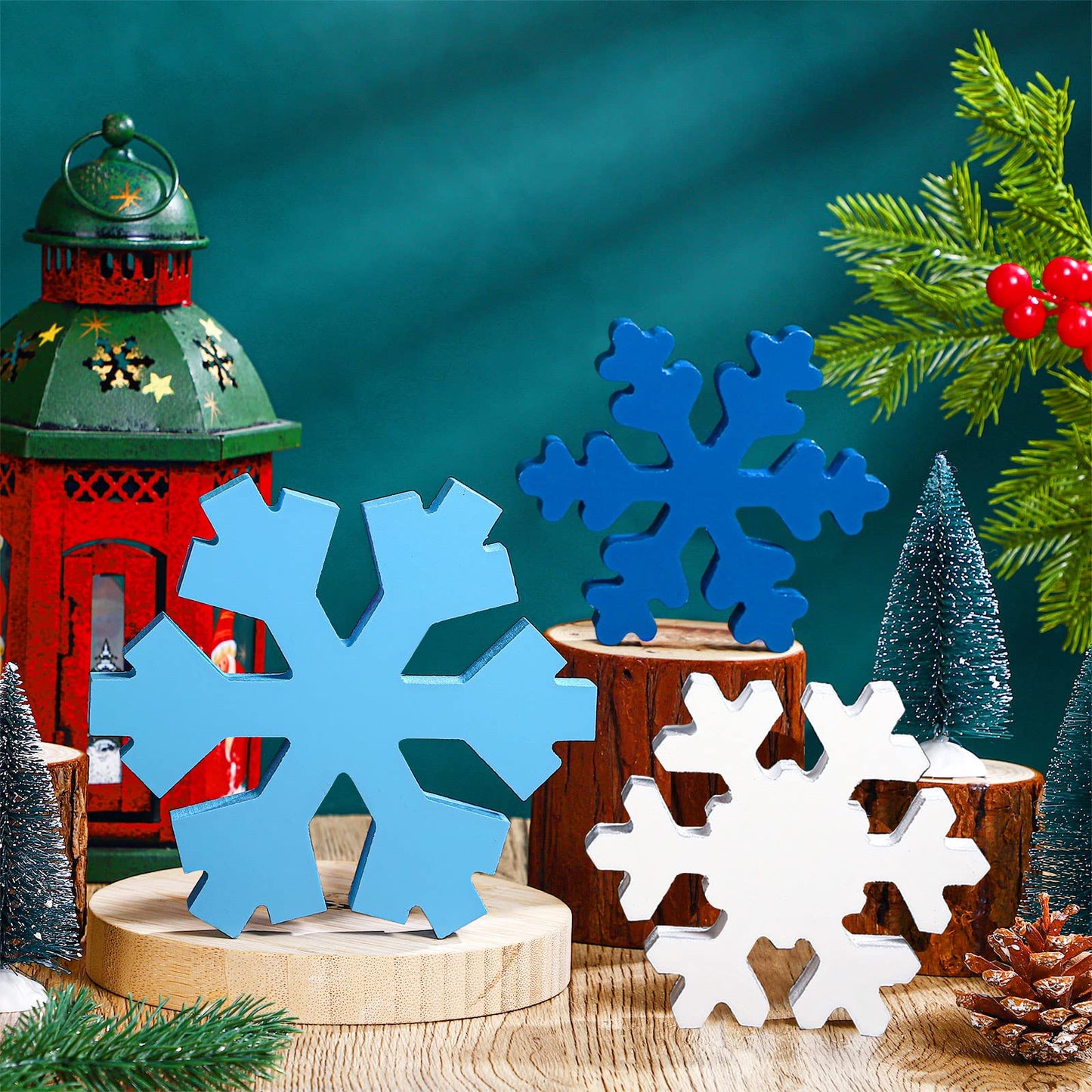 Bucherry 3 Pcs Winter Wooden Snowflake Decor Rustic Winter Snowflake Table Signs Wonderland Wood Blocks Farmhouse Christmas Tiered Tray Decorations for Xmas Table(Dark Blue, Blue,White,Classic)
