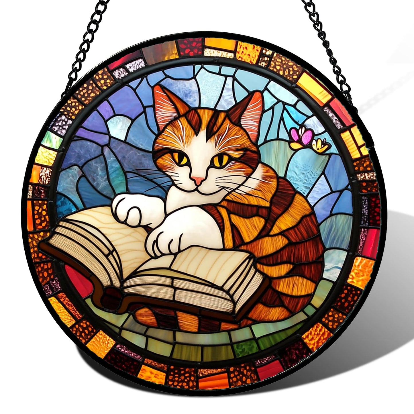 DASTOLL Stained Glass Window Hanging Little Cat Reading 7.8" - Suncatcher Door Garden Kitchen Sunroom Sun Catcher Home Decor Birthday for Lost Pets Mom Grandma Men Woman Friend