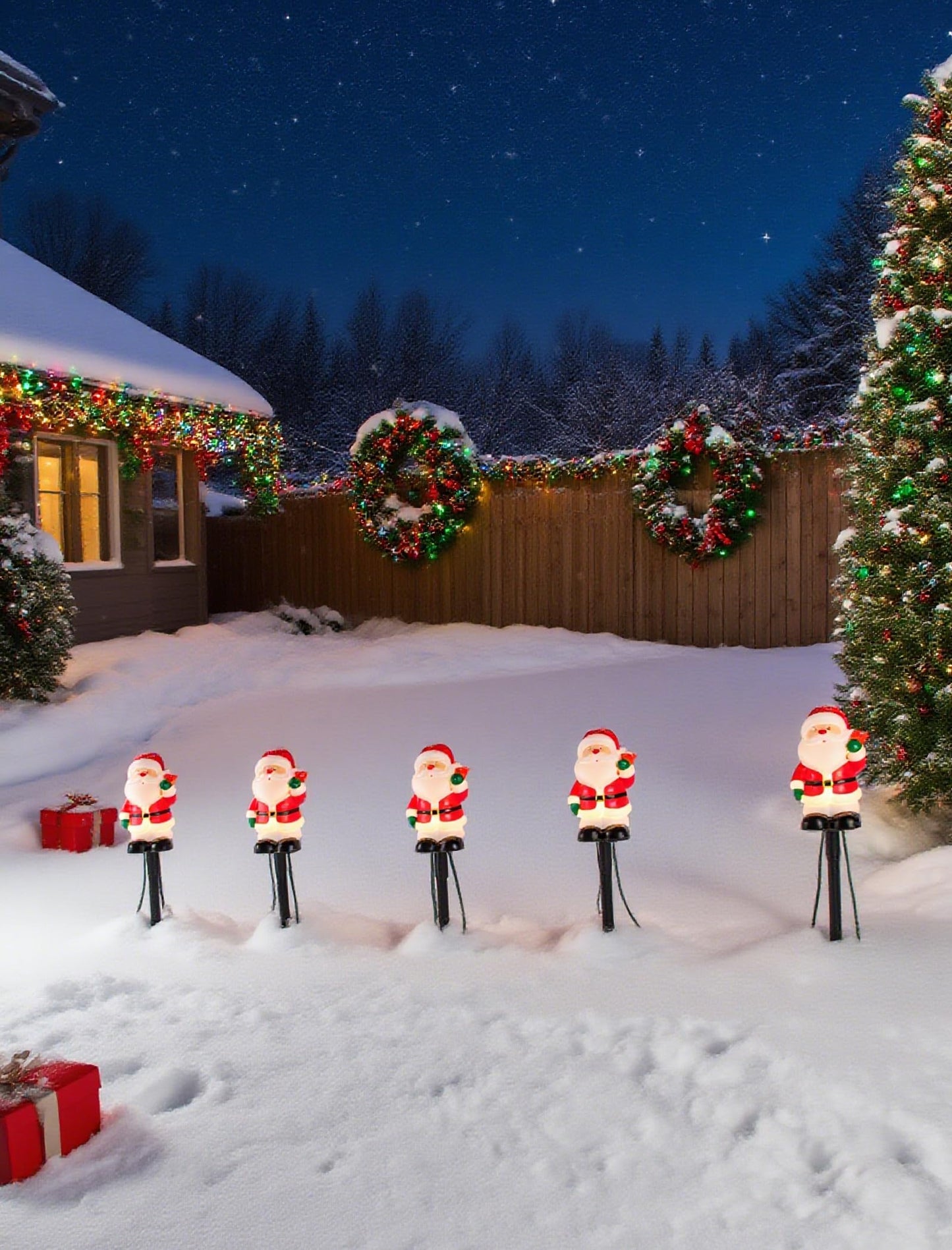 5-Pack Commercial-Grade Christmas Pathway Stakes - 15.98" Tall Santa Holding Bell Stake Lights with Heavy-Duty C7 LEDs, Waterproof for Pro-Level Yard Decor