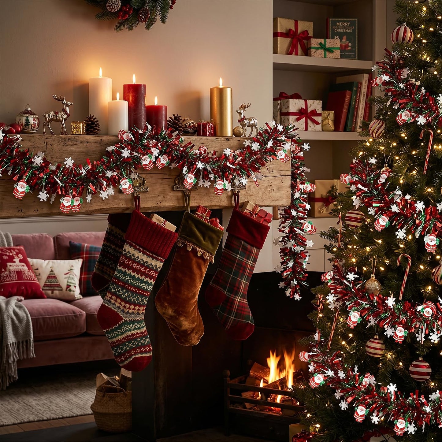 50 Feet Red Green Christmas Metallic Tinsel Twist Hanging Garland with Snowflake Santa Claus for Home Mantle Xmas Tree Staircase Railing New Year Holiday Party Indoor Outdoor Decorations