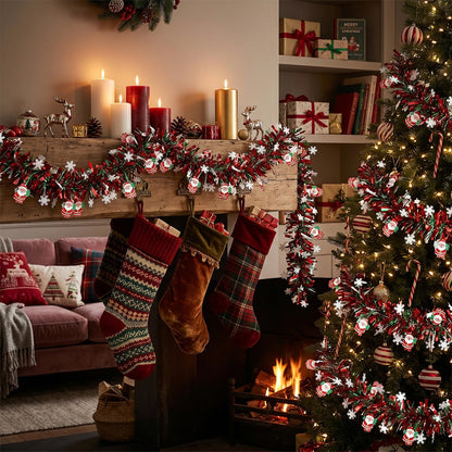 50 Feet Red Green Christmas Metallic Tinsel Twist Hanging Garland with Snowflake Santa Claus for Home Mantle Xmas Tree Staircase Railing New Year Holiday Party Indoor Outdoor Decorations