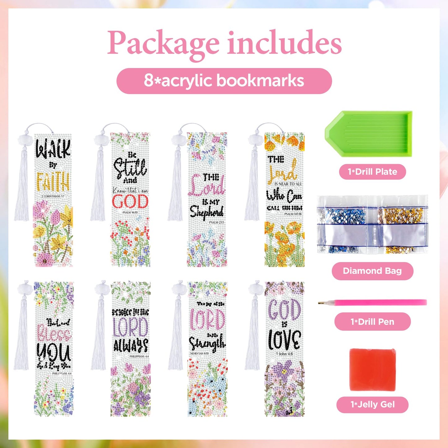 8 Pieces Christian Bible Verse Diamond Art Bookmarks 5d Christian Beaded Bookmark Acrylic Tassel Bookmark for DIY Making Beginners Kids Adults Arts Craft Supplies (Christian-1)