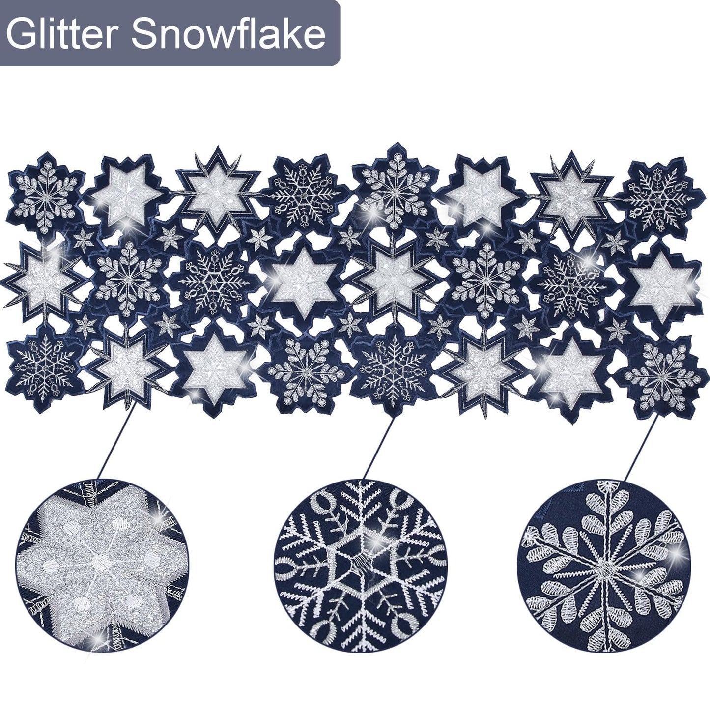Christmas Table Runner Snowflake Navy Blue Table Decorations Navy Blue Embroided 54 inches Long Sparkle Sequin Silver Glitter Shiny Cutwork Holiday Festive Dining Decor New Year