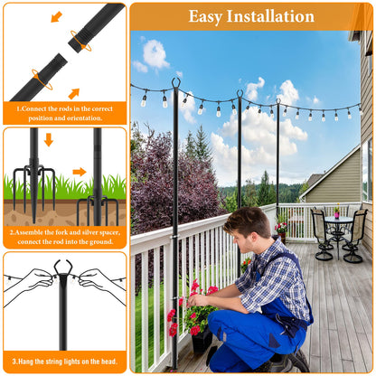 Mutovlin 2 Pack String Light Poles,10 Ft Light Poles for Outside String Lights,Outdoor Lights Pole with Fork,Metal Poles Stand for Patio Deck Backyard
