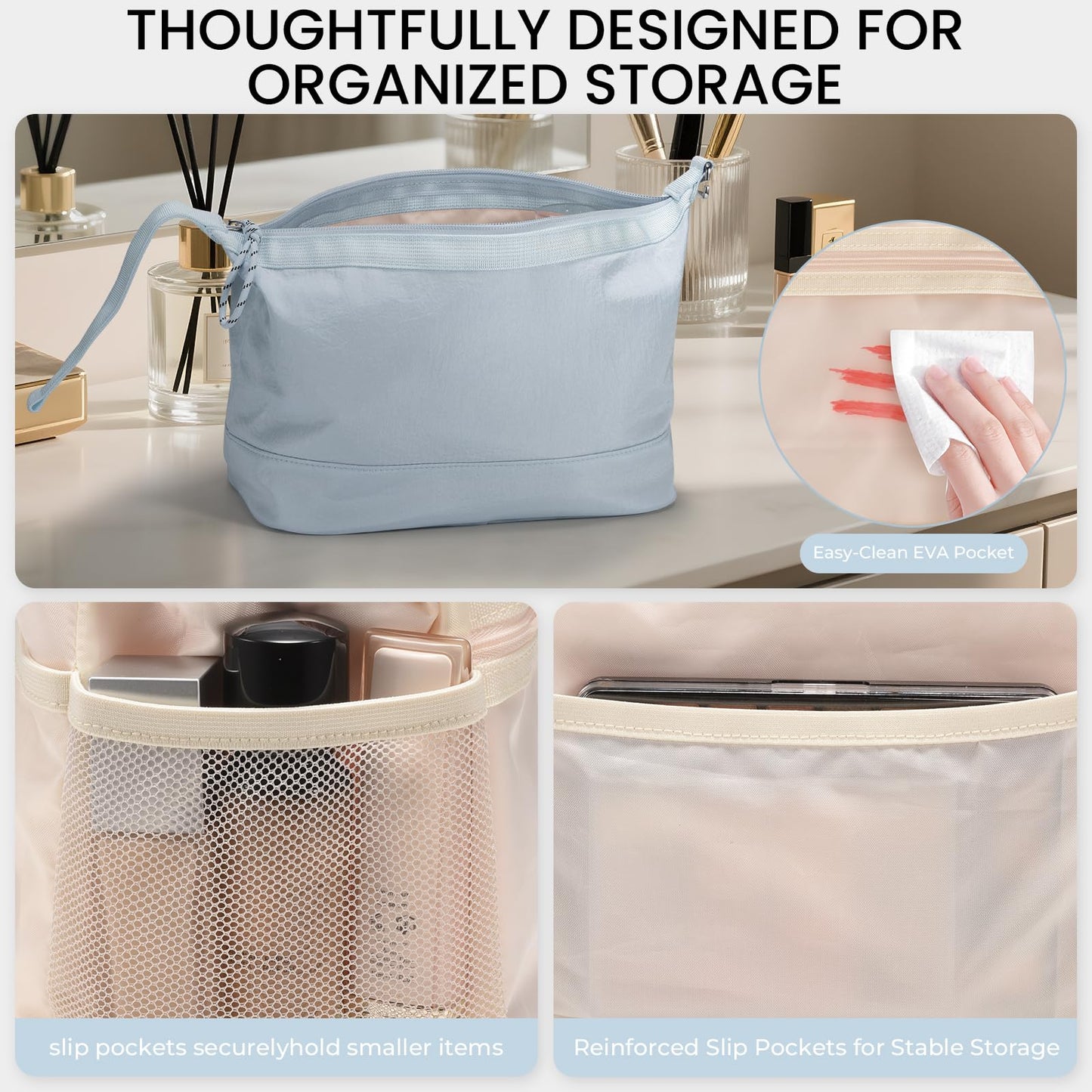 HauteHues Travel Makeup Bag for Women, Roomy Cosmetic Bag and Toiletry Bag with Wide Open Design, Soft Nylon Pouch for Makeup, Skincare, Toiletries, Gym, Carry-On and Weekend Trips, Gray Blue
