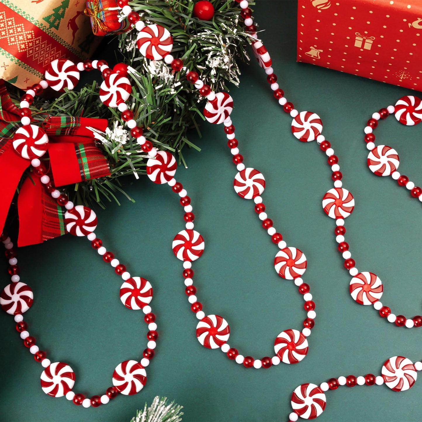 Christmas Candy Garland, Red Christmas Tree Bead Garlands Xmas Decorations Hanging Peppermint for Party Wreaths Home Fireplace Ornaments (10 Feet)