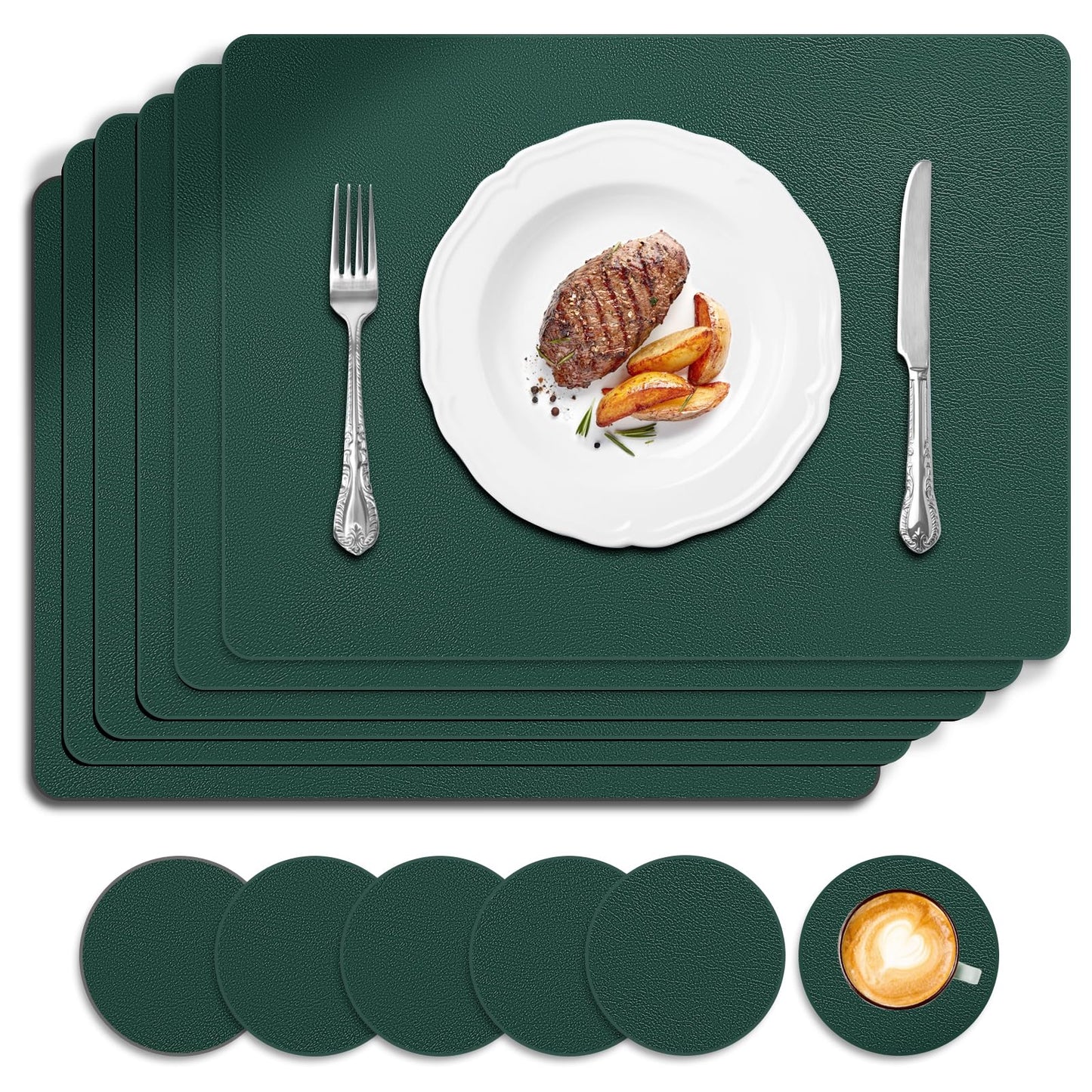 Keaixinyu Placemats and Coasters Set of 6, Waterproof、Oil-Proof Wipeable、Anti Slip PVC Leather Place Mats, Heat Resistant Reversible Table Mats for Kitchen, Dining, Outdoor 17’’×12’’, (Dark Green)